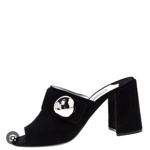 Prada Black Suede Open-Toe Mule with Large Silver Disc